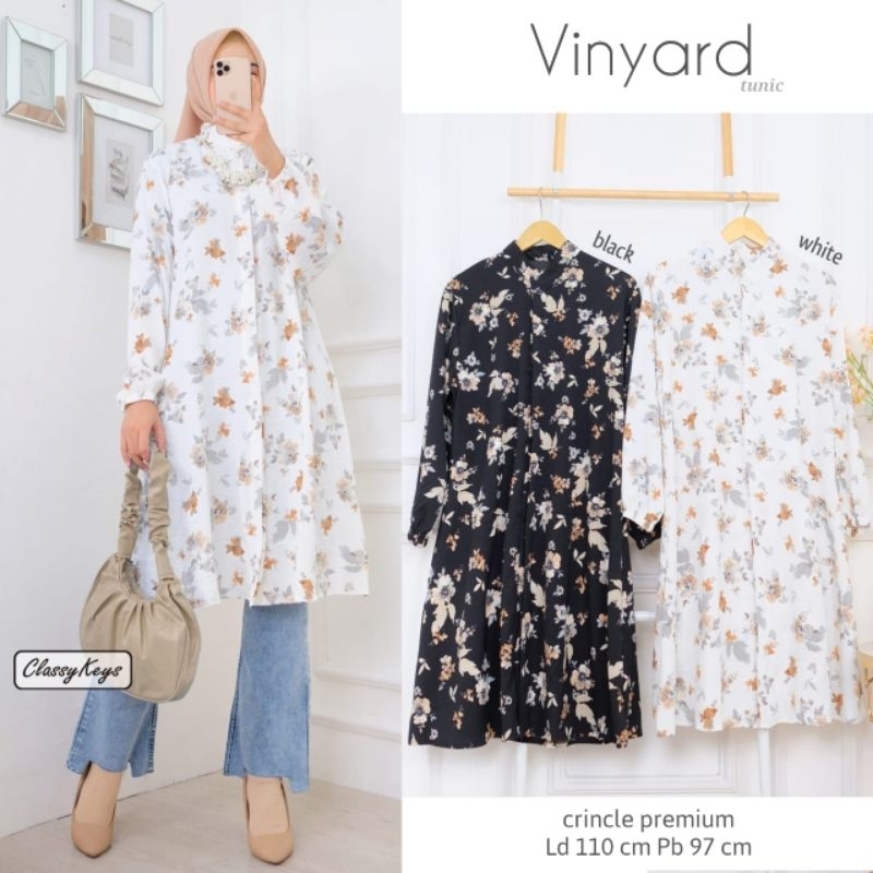 Vinyard Long Tunik Busui Wanita Muslimah XL Ld110 Bahan Crincle Premium Full Kancing