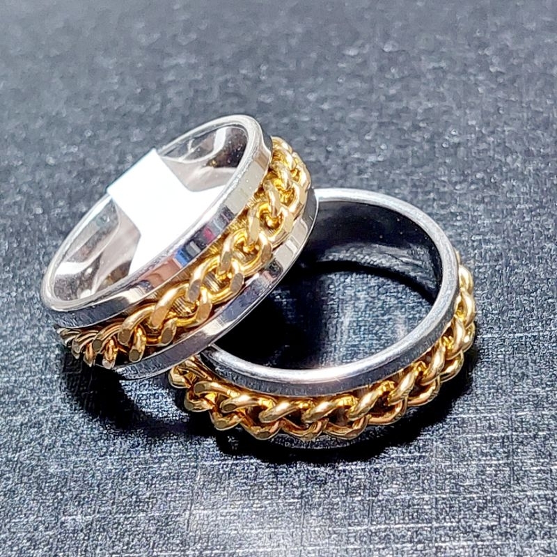 Cincin Fashion Titaniumsteel Silver Mix Motif Rantai Gold Full