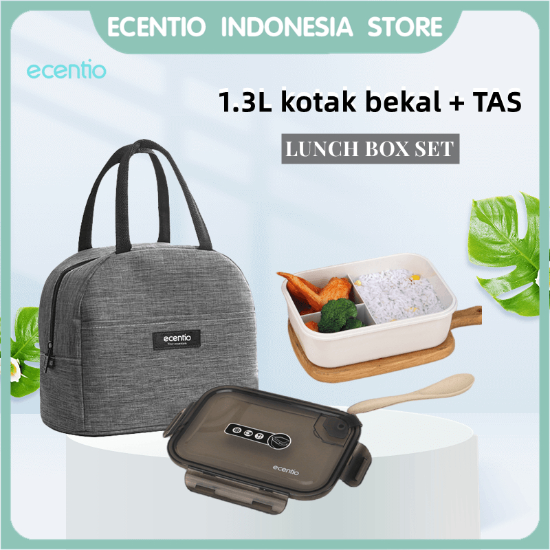 ecentio KOTAK MAKAN SET FREE Sendok lunch box BPA Free 3 Sekat Anti Tumpah 1300ml With Bag