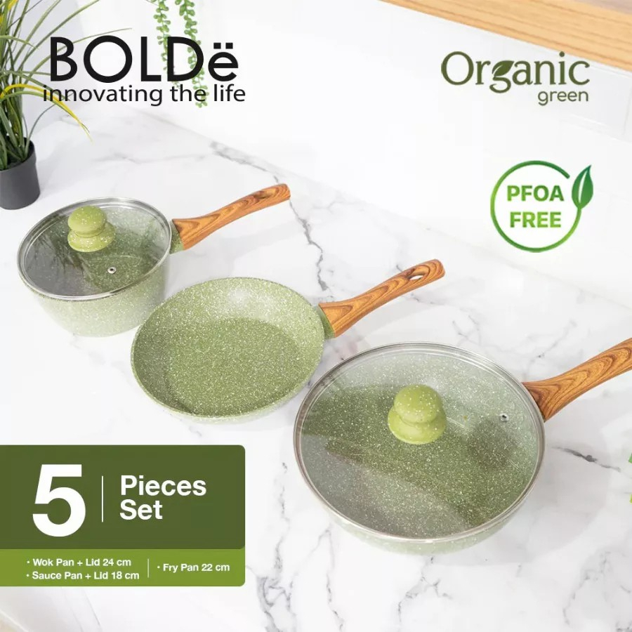 Pan Set Bolde Organic Green 5pc Panci Wajan Anti Lengket Dengan Tutup