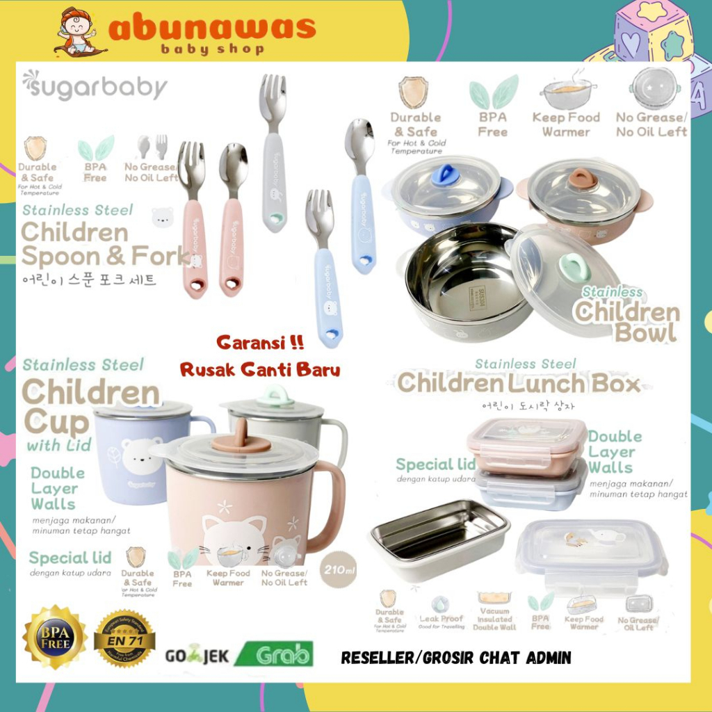 [FREE BUBBLE WRAP] Sugar Baby Stainless Steel Children SUS 304 Lunch Box / Cup / Spoon &amp; Fork / Bowl / Perlengkapan MPASI Makan Anak K Series