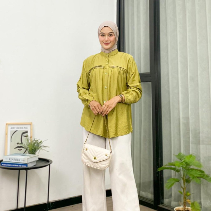 Kemeja Wanita Bahan Polo Linen HQ TAMI Blouse Atasan Wanita Full Kancing Lengan Panjang  Kerah Sanghai Allsize Fashion Remaja Dewasa Terbaru 2023