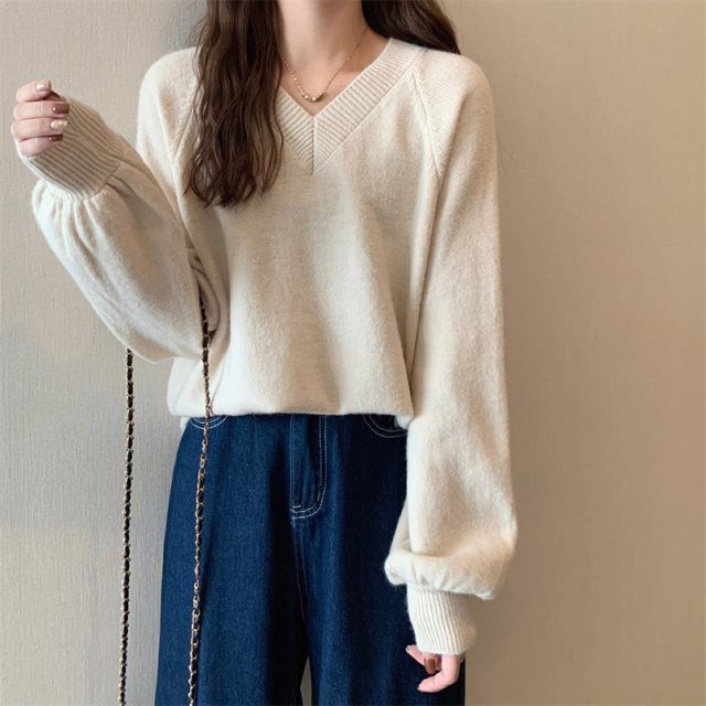 Sweater Knit Wanita Oversize Lengan Panjang V Casual Atasan