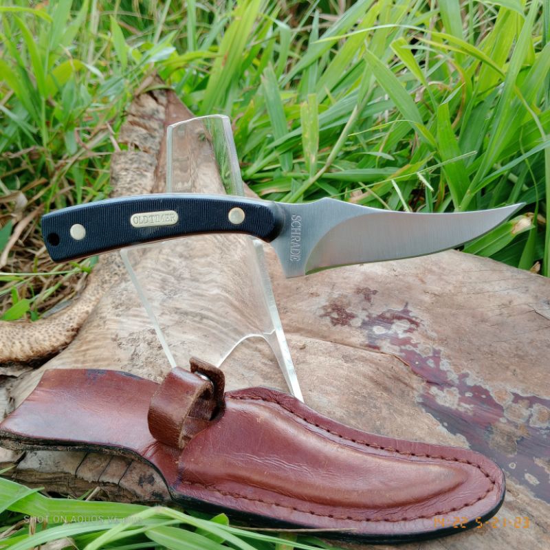 Schrade 152OT Old Timer Sharpfinger Fixed 3.3" Satin Trailing Clip Point Blade, Brown Sawcut Delrin 