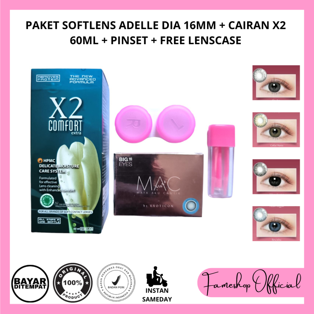 PAKET SOFTLENS MAC MATA AKU CANTIK DIA 15MM + CAIRAN X2 60ML + PINSET + FREE LENCASE