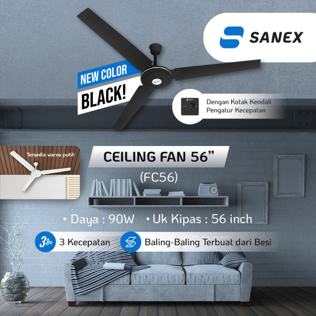 Sanex Ceiling Fan 56 Inch FC 30 Baling baling besi Warna Putih &amp; Hitam