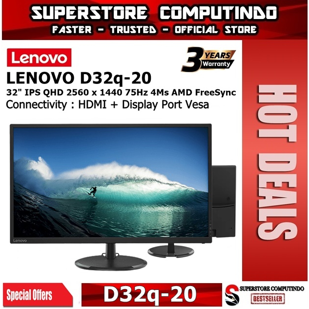 Monitor LED Lenovo D32Q D32Q-20 32'' IPS QHD 2560x1440 75Hz 4Ms