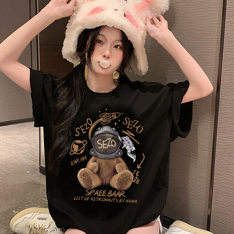 EUNII T-shirt Lengan Pendek Cartoon Sezo Plush Bear Korean Style/Kaos Atasan Wanita/Baju Kaus Oversize Wanita/Kaos Wanita