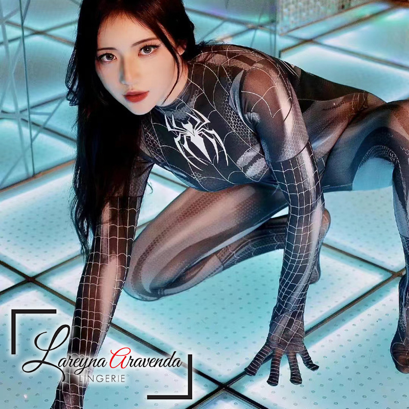 Lareyna Aravenda Bodysuit Wanita Lingerie Kostum Playsuits Cosplay Superhero Black Spiderman LG165