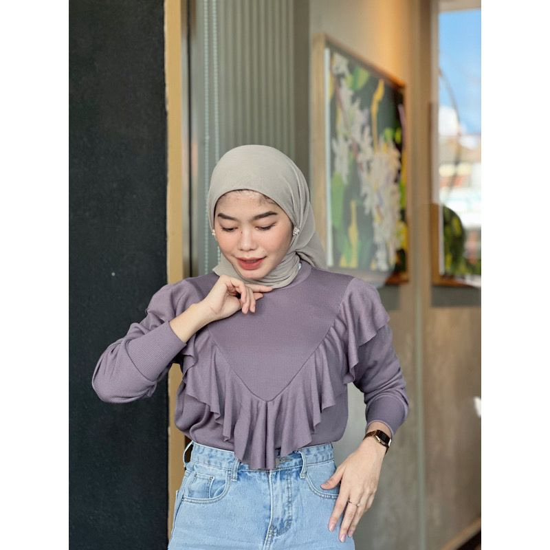 Sabrina Atasan Wanita Terbaru Ruffle Top Bahan Cotton Rib