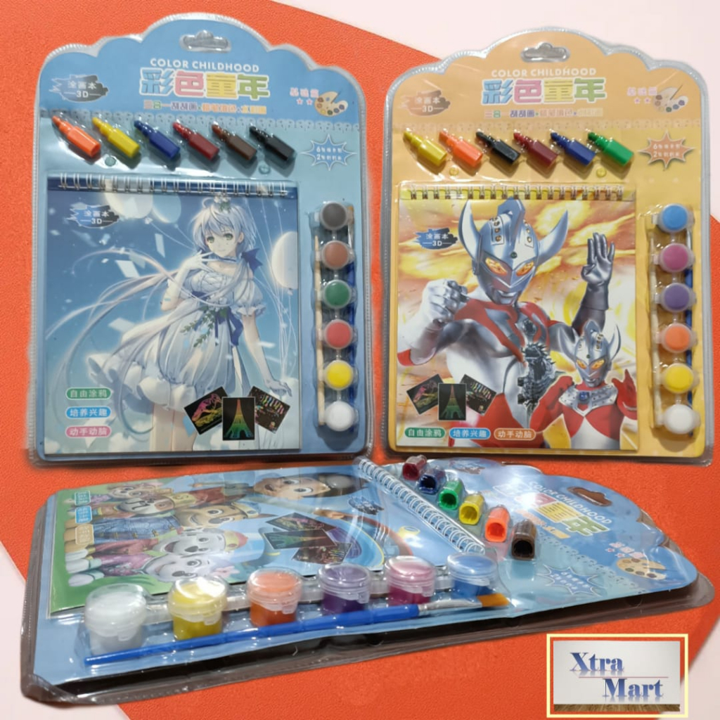 XM - Buku Mewarnai Paket Karakter Lucu Dengan Cat air dan Crayon