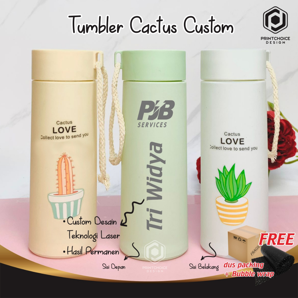 Botol Kaca Tumbler Kaktus Custom Grafir Nama Logo Perusahaan Satuan