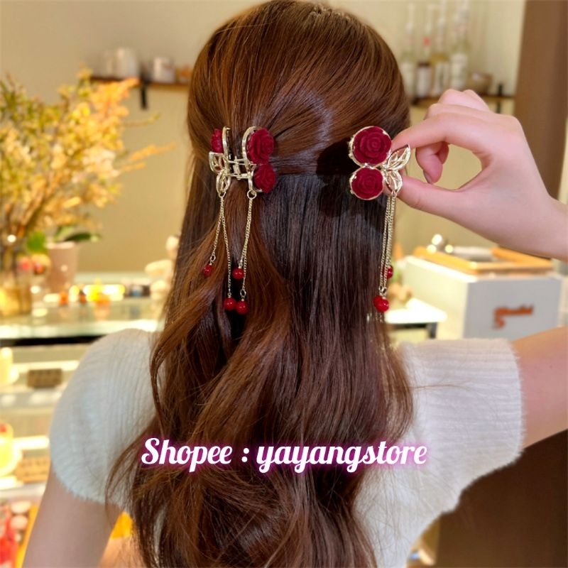 Jepit / Jepitan / Jedai Rambut / Aksesoris Mahkota Rambut Wanita Cantik Bunga Cherry Merah Import