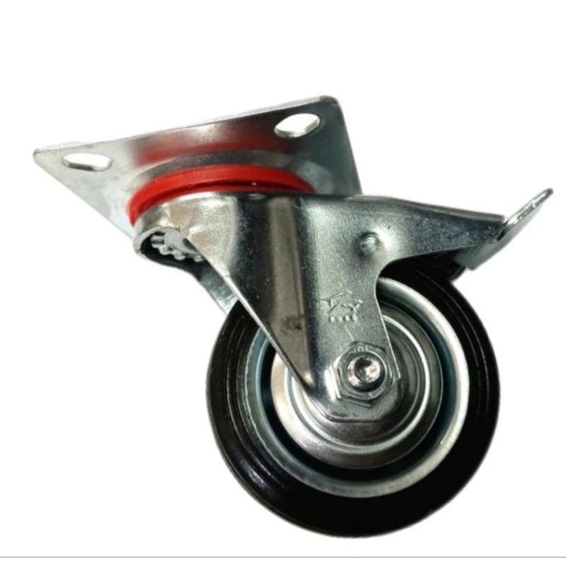 Roda Gepeng Karet PVC Hidup + Rem 3 inchi Hitam - Harga satuan