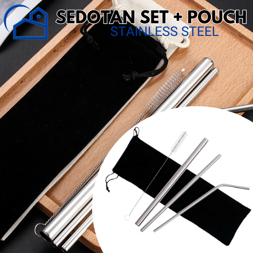 Reusable Stainless Straw Set 5 Sedotan Stainless Steel Set / Sedotan Stainless SILVER Set Isi 3 + Sikat + Pouch Cantik - Stainless Straw 30039 homestation