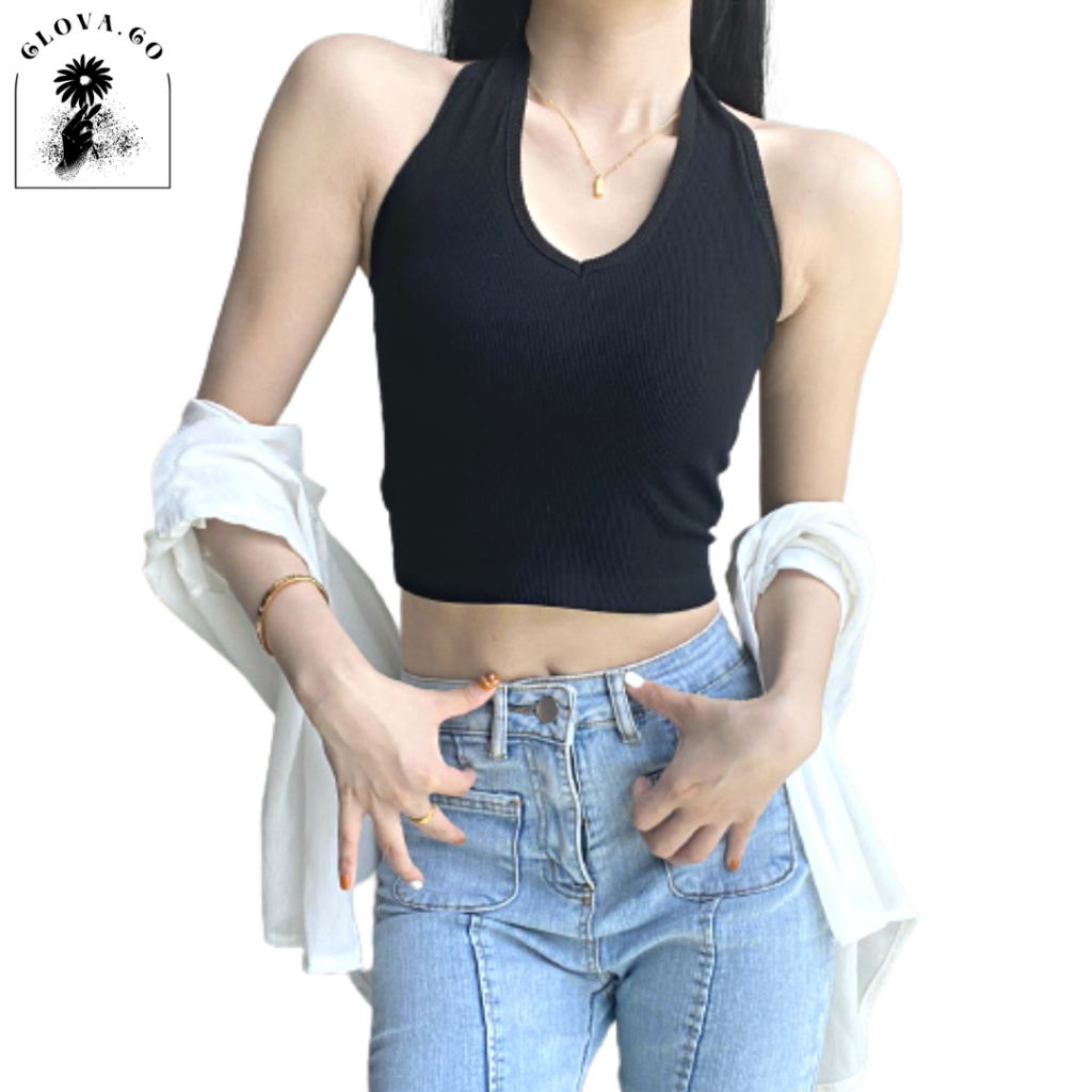 CLOVA BR407 Tank Top Crop Atasan Wanita Tanpa Lengan Sexy U-Neck Halter
