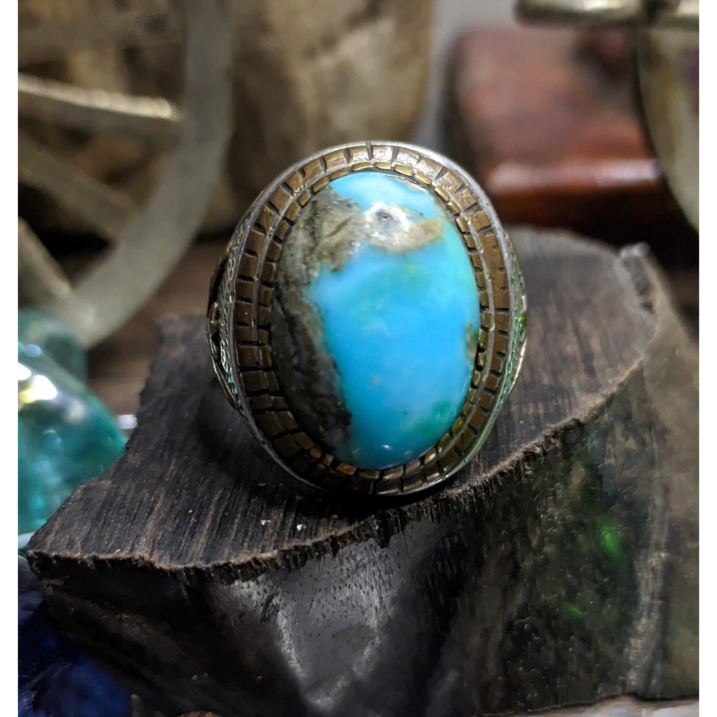 Natural Pirus Persia Biru Lawasan Ring Perak 925 HM Ukir