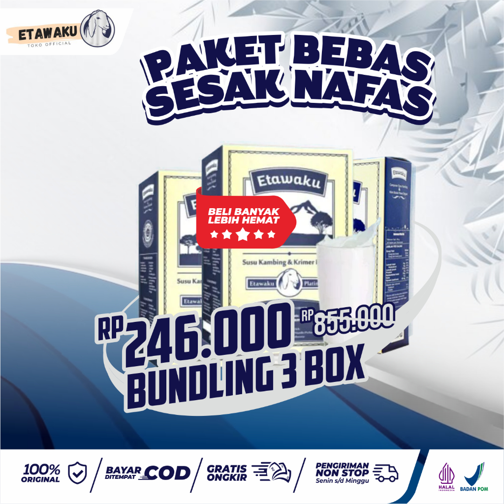 

Paket 3 Box Etawaku Platinum - Solusi Tepat Hidup Sehat Tampa Obat, Atasi Permasalahan Penapasan, Meningkatkan Daya Tahan Tubuh, Mengobati Masalah Persendian, Susu Pernapasan, Susu Asma, Susu Pernapasan, Susu Sendi, Susu Tulang, Susu Diabetes