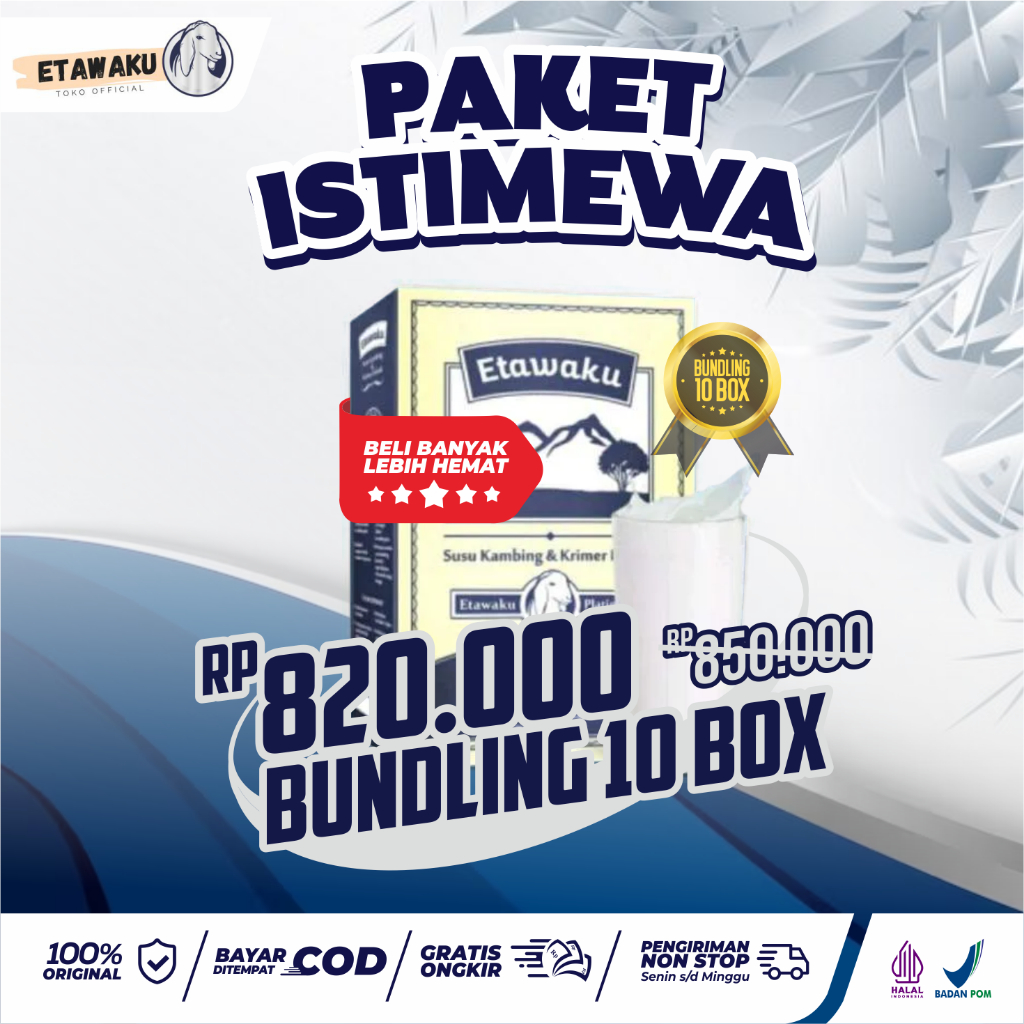 

Paket 10 Box Etawaku Platinum - Solusi Tepat Hidup Sehat Tampa Obat, Atasi Permasalahan Penapasan, Meningkatkan Daya Tahan Tubuh, Mengobati Masalah Persendian, Susu Pernapasan, Susu Asma, Susu Pernapasan, Susu Sendi, Susu Tulang, Susu Diabetes