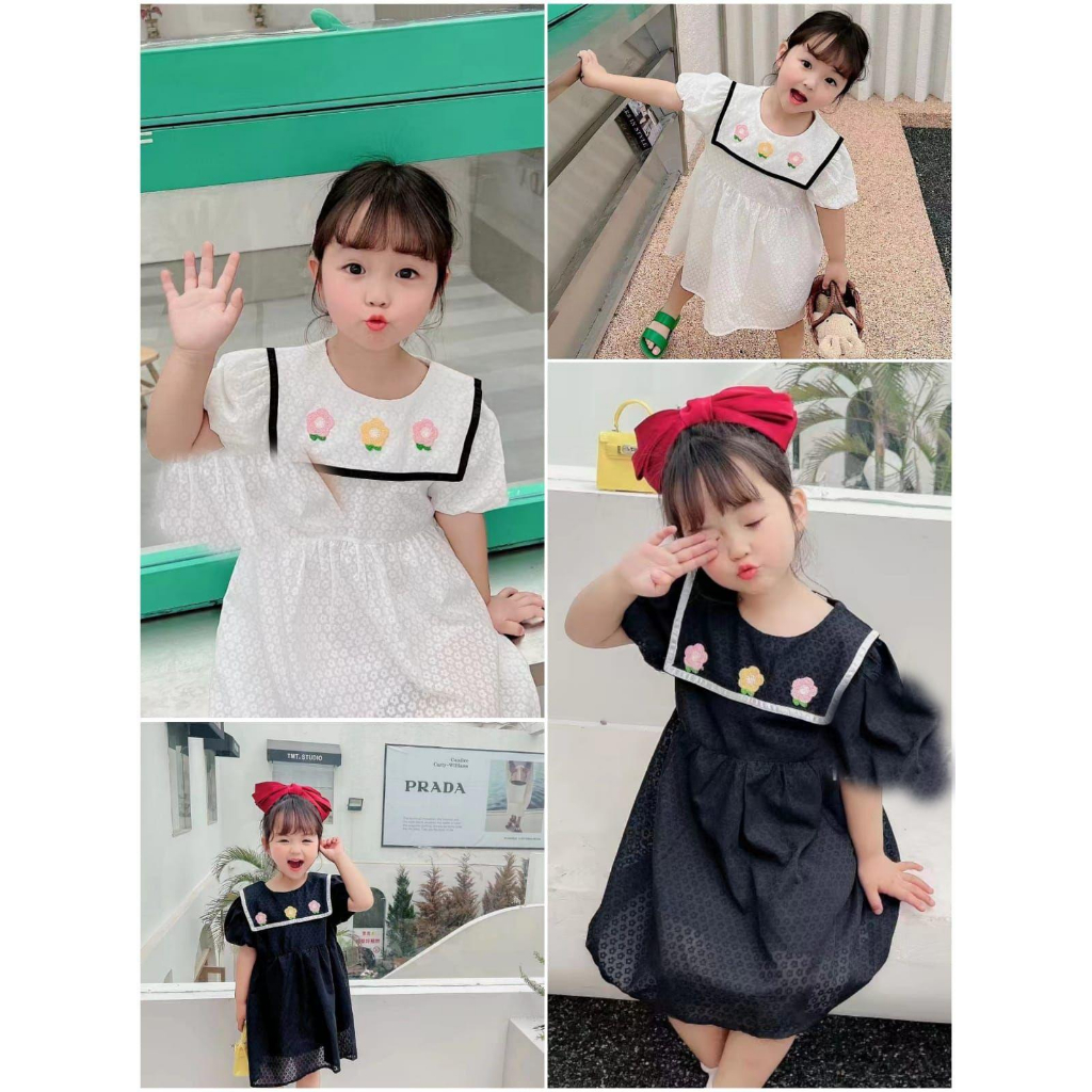 KFCAT Dress Gaun Rok Lengan Pendek katun Polos Renda Kerah Bordir Bunga  kasual style