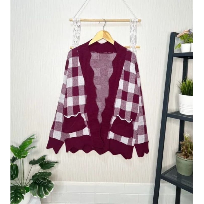 OUTER POCKET PREMIUM MOTIF KOTAK KOTAK KARDIGAN WANITA
