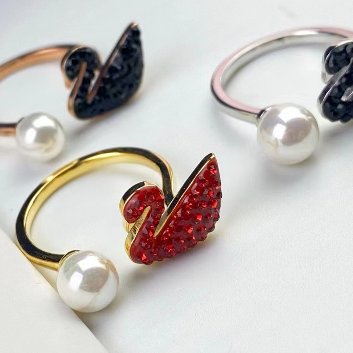 17k Emas asli / alami nyata mutiara Swarovsk-i 1.22gram swan cincin Ukuran yang dapat diubah