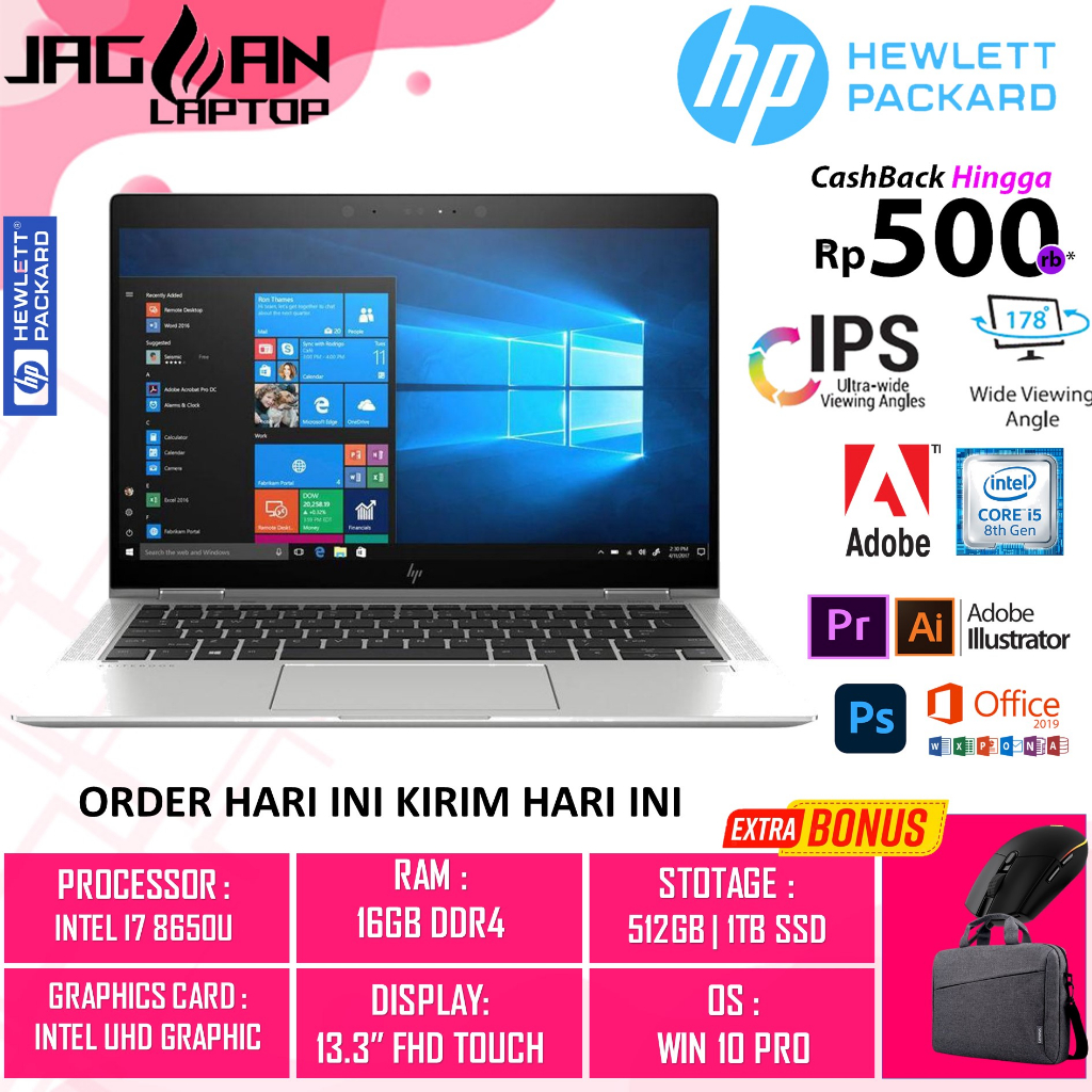 LAPTOP SLIM HP ELITEBOOK X360 1030 G3 INTEL I7 8650U 16GB 1TB 13.3&quot; FHD TOUCH WIN10PRO SILVER SECOND - GARANSI 1 BULAN - TAS HP