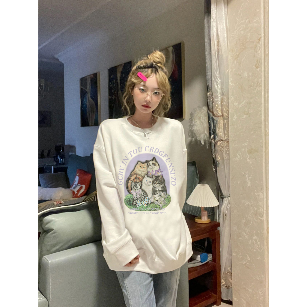 EUNII Sweater Lengan Panjang Cartoon Cat Family Printing Korean Style/Sweater Crop/Baju Wanita/Switer Wanita/Switer