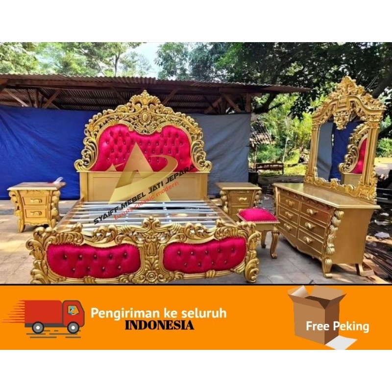 Set kamar Dipan luxury full ukir kayu jati solid warna glod emas mewah