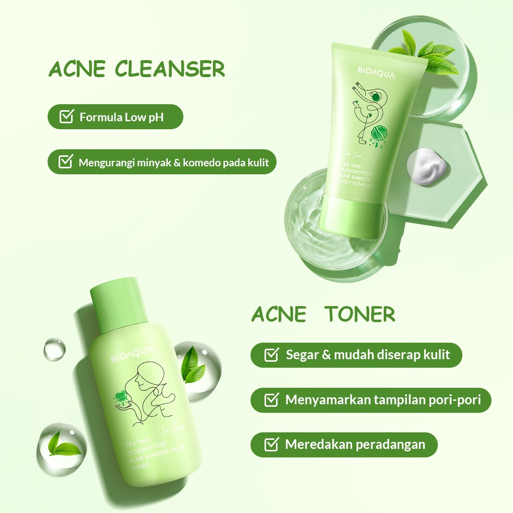 BIOAQUA Niacinamide Glowing &amp; Brightening / Tea Tree Oligopeptide Acne Set isi (4) With Cleanser / Toner / Sunscreen / Night Cream - Bioaqua Paket Skincare Wajah - Bpom