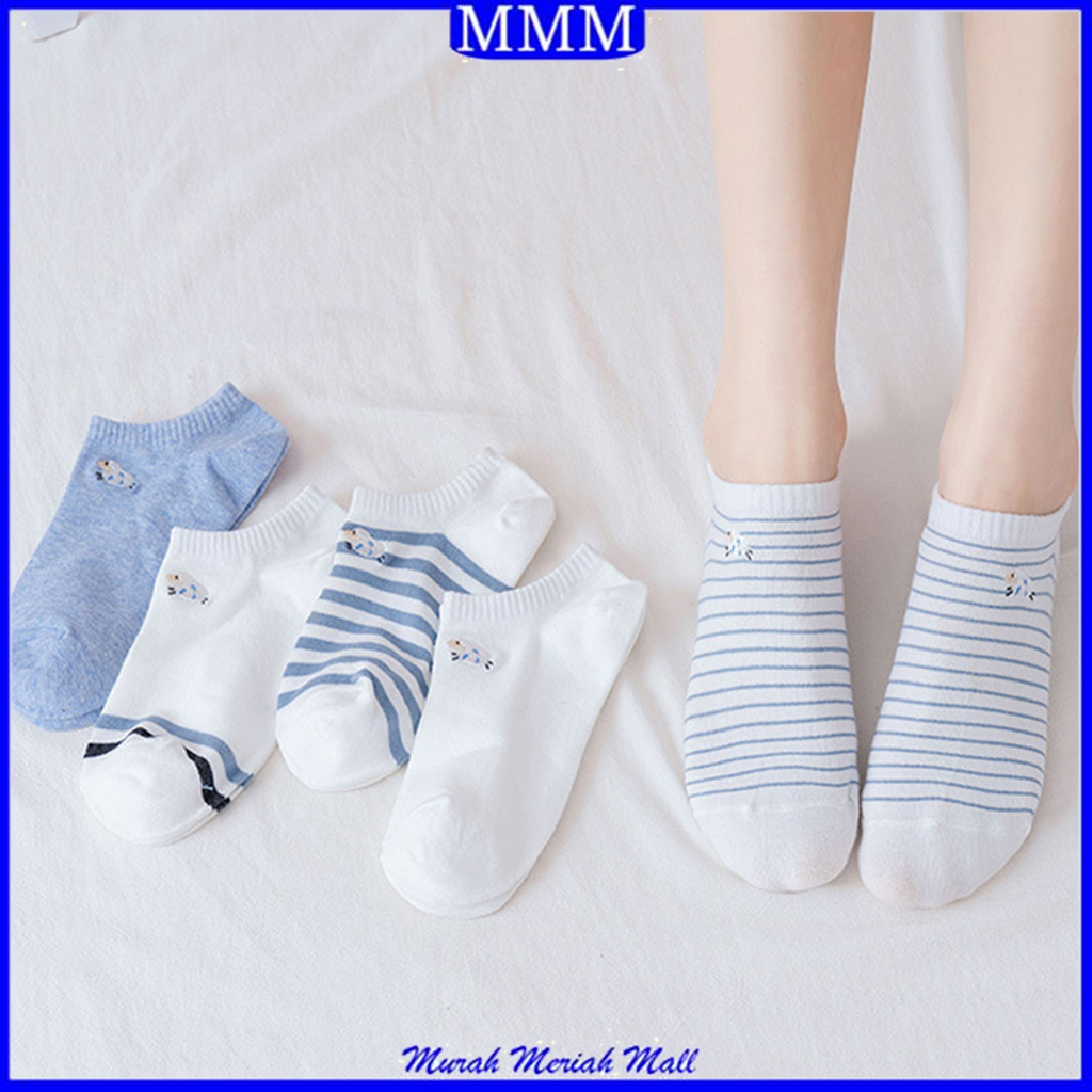 MMM Kaos Kaki Wanita Motif Domba Biru Muda Garis 6777 Kaus Kaki Pendek Fashion Korean Unisex Semata Kaki Blue Sheep Socks Import