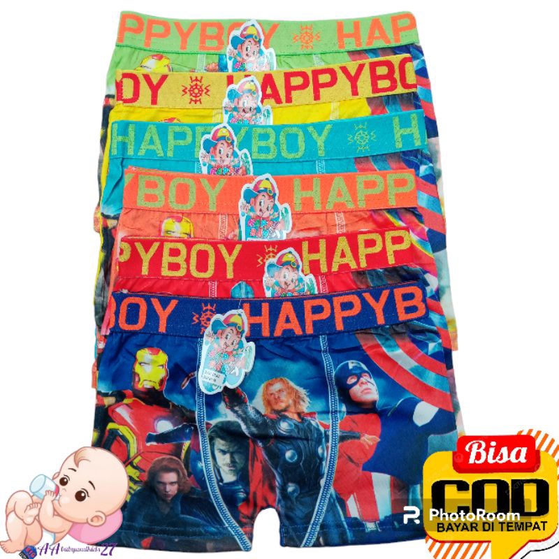6PC HAPPY BOY Celana Dalam Anak Laki Model Boxer Berkarakter Ukuran M L XL Murah Nyaman Berkualitas