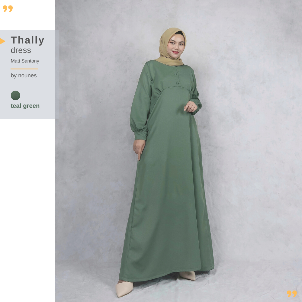 Nounes Thally Dress Teal Green matt Santony Gamis Polos Wanita Manset Kancing
