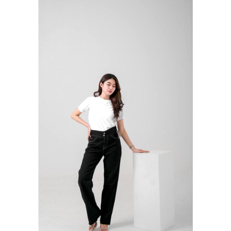 Celana Panjang Haigh waish Hitam Kulot Baggy Loose Jins Wanita Longgar Korea style