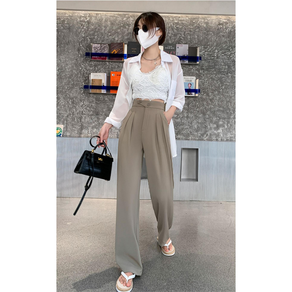 XIAOZHAINV Korean Style Celana Panjang Kulot Casual Wanita Highwaist Straight Pants 0804