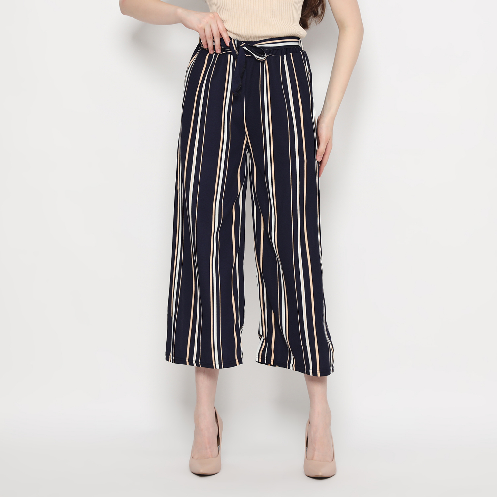 MINEOLA Celana Kulot Wanita Panjang Motif Salur Cream/Putih Bahan Impor - Navy (All Size)