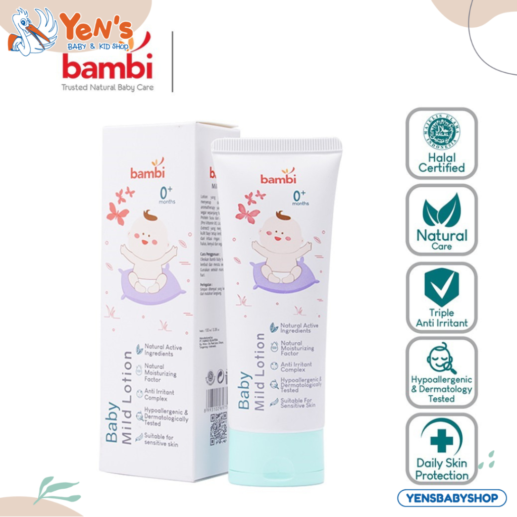 Bambi Baby Mild Lotion 100ml | Body Lotion Bayi Kulit Normal - Sensitif Kaya Kandungan Protein Susu Nabati | Moisture Pelembab