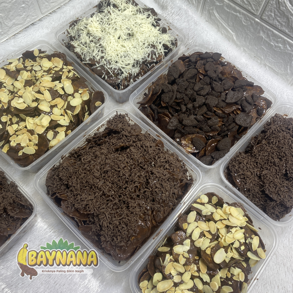 

BAYNANA Keripik Pisang Lumer Crispy Coklat Lumer Topping Almond Chocochips Keju Melted Full Coklat