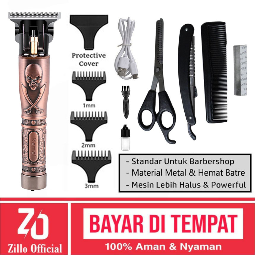 ZILLO Mesin Cukur Hair Trimmer Rambut Cas Profesional Paket Barbershop KEMEI KM-9370 Alat Cukur Motif 3D Berkualitas