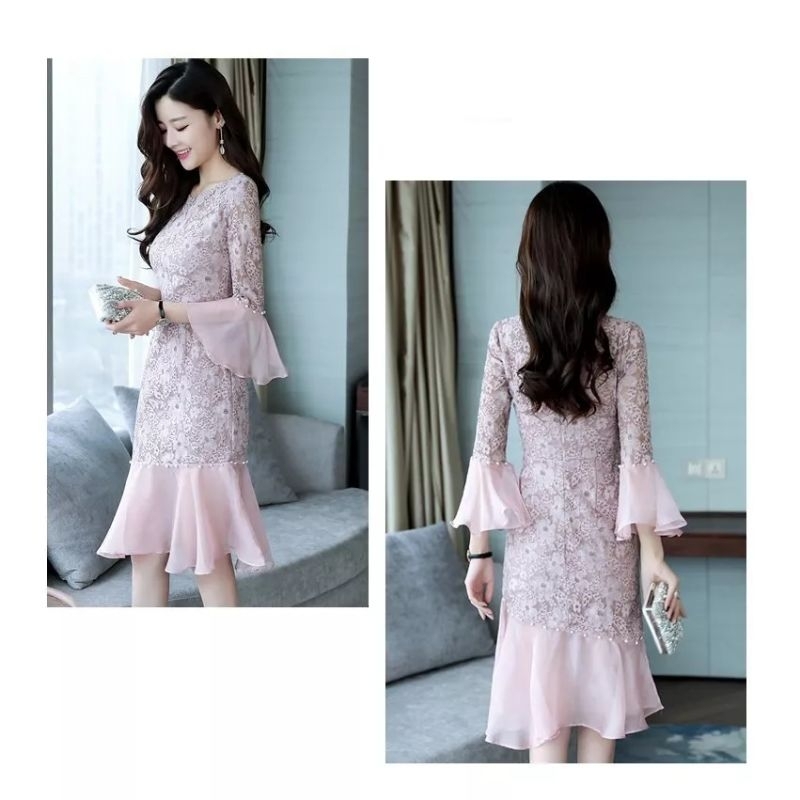 DRESS KOMBINASI BROKAT BRUKAT SIFON DUYUNG ROK TERUSAN PENDEK MINI MIDI SELUTUT TRANSPARAN LENGAN TANGAN PANJANG TEROMPET PENDEK BODY BUNGA FLOWER FLORAL FLOWERED WARNA PINKY SALEM DUSTY PINK MUDA ALL SIZE BAHAN PREMIUM IMPOR IMPORT MANIK MUTIARA