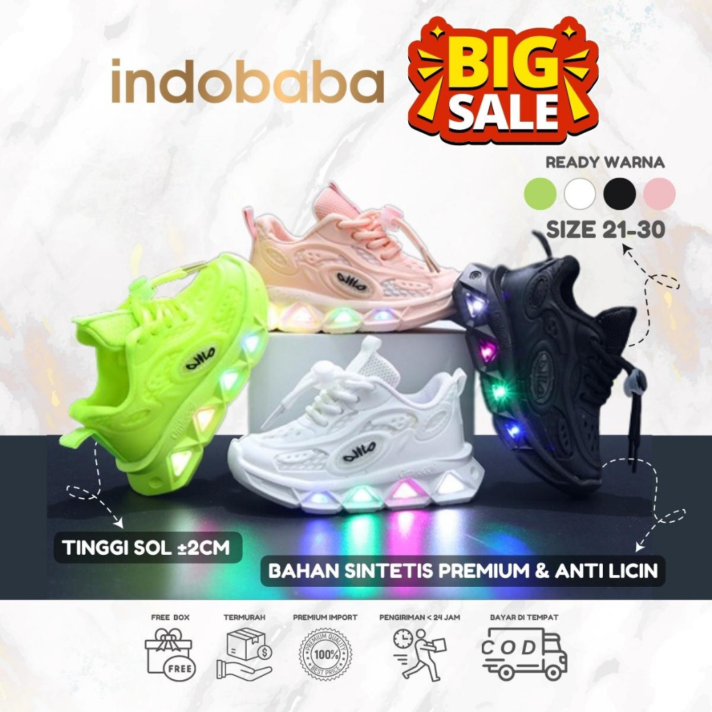 indobaba Sepatu Anak Perempuan Sneakers Anak Led Import Premium High Quality 1-7 Tahun S170