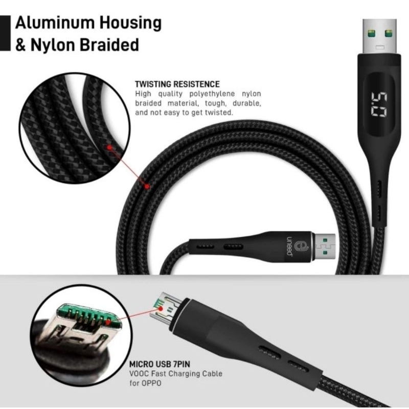 Uneed Time Control Kabel VOOC, Dual Engine, QC Max 5A - UCB40M