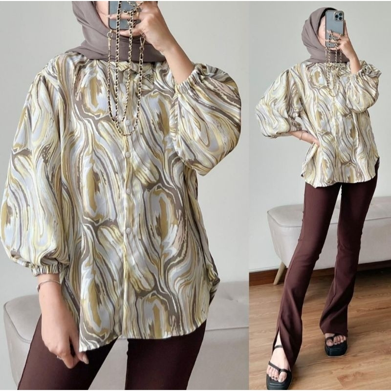 Kemeja Abstrak Galaxie Marble Lengan Balon | Blouse Marble Wanita