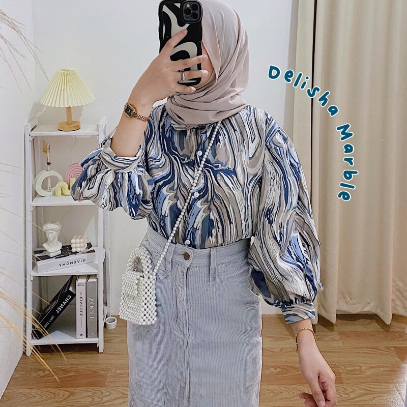 Kemeja Abstrak Galaxie Marble Lengan Balon | Blouse Marble Wanita