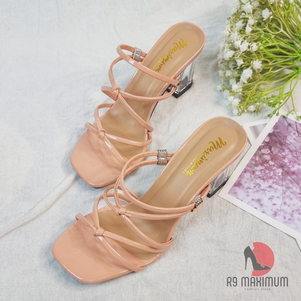 R9 MAXIMUM - UM01 SANDAL HEELS WANITA ANDIN TALI SILANG HAK KACA 7cm UM01 sepatu pesta wanita