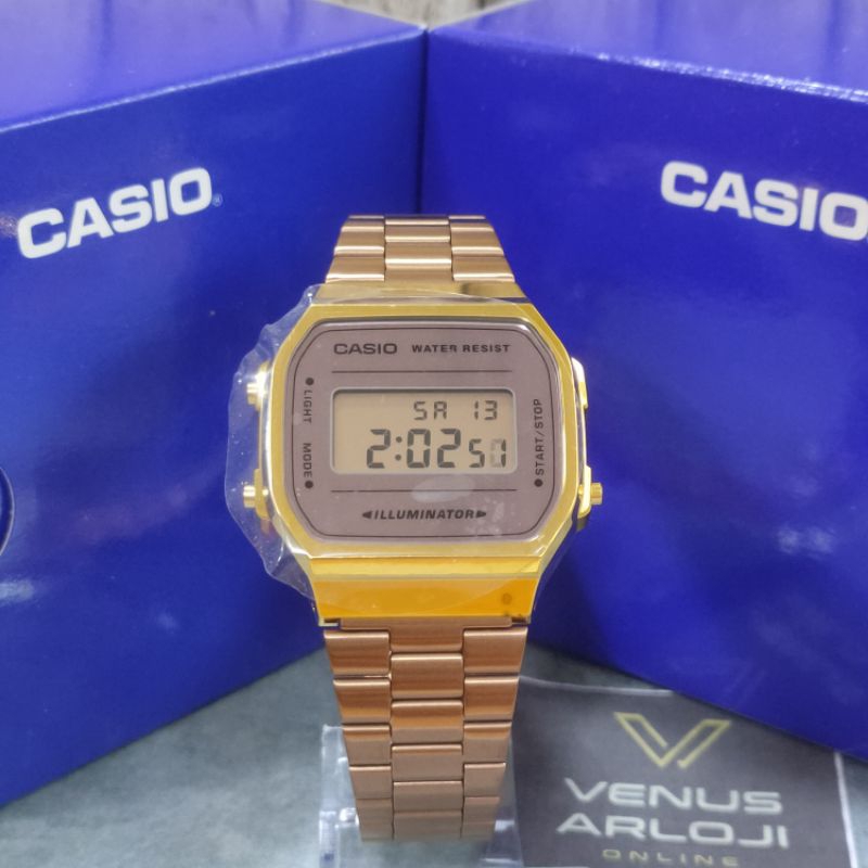 Jam Casio CS A 168WECM 5DF A-168WECM-5DF Wanita Pria Unisex Rantai Rosegold Segi Digital