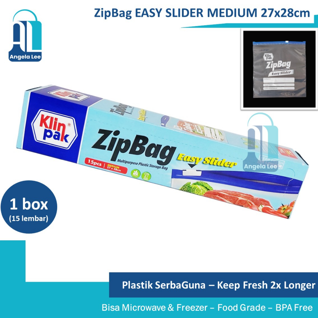 Klinpak ZipBag Easy Slider Storage Bag isi 15pcs plastik serbaguna reusable Medium 27x28cm