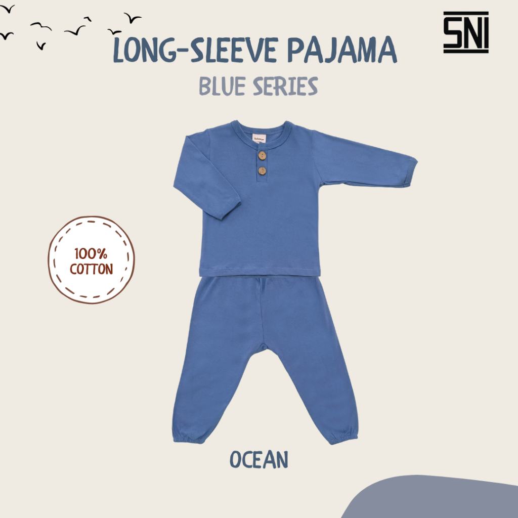 Hellomigu Long Sleeve Pajama Set/ Piyama Baju Tidur Setelan Bayi Perempuan Laki laki Anak Cewe Cowo Bayi Polos 0-6 6-12 Bulan Blue Series