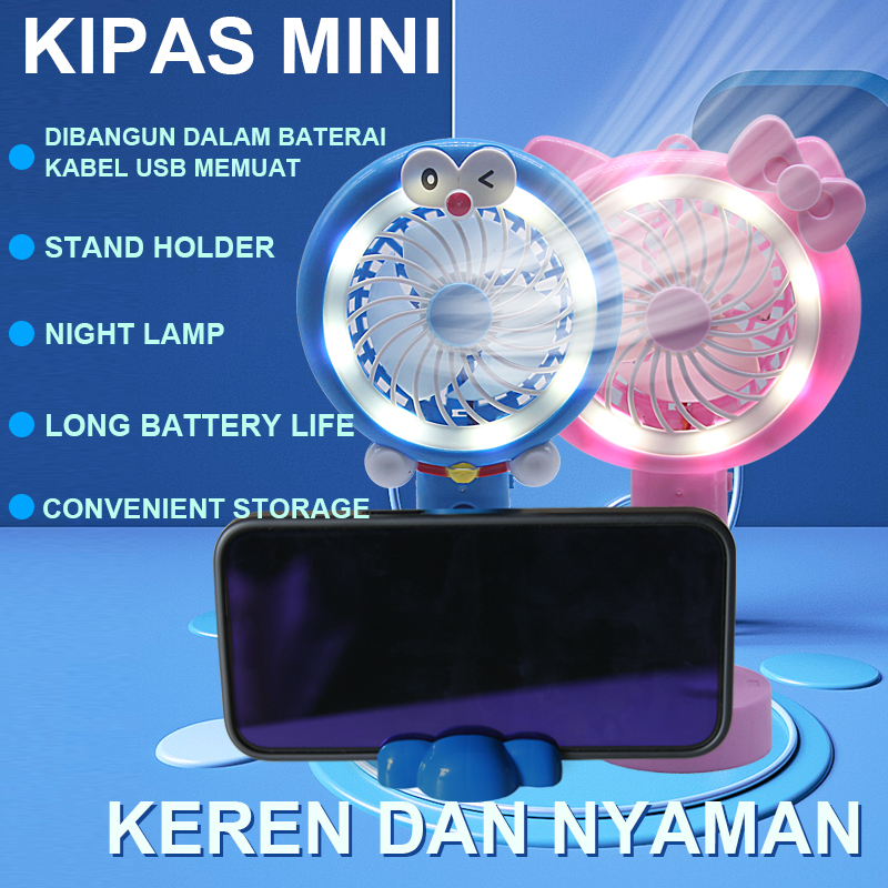 Kipas mini led tangan usb portable charger mini fan led light kipas mini doraemon hello kitty karakter