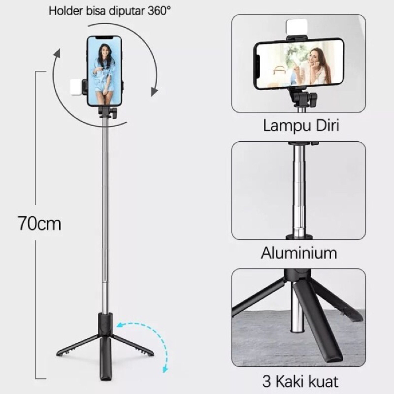 Tongsis Tripod Selfie Remote Bluetooth R1S With LED Flash